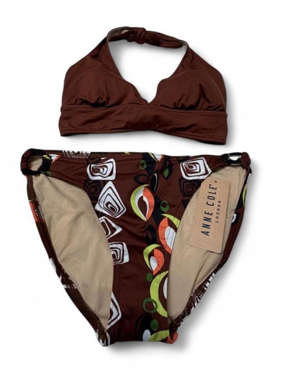 Anne Cole Locker Brown Halter Bikini Set with Patterned Bottoms Size Small